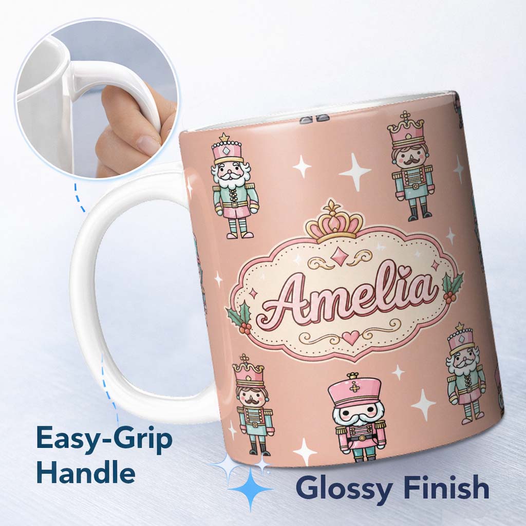 Personalized Custom Name Nutcracker Soldiers Pastel Christmas Seamless Pattern Peach 11oz Ceramic Coffee Tea Mug White Large Handle