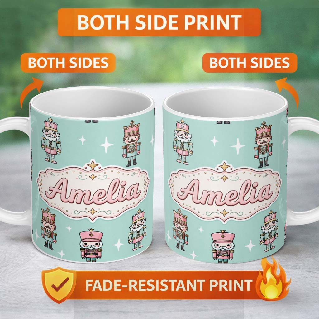 Personalized Custom Name Nutcracker Soldiers Pastel Christmas Seamless Pattern Mint 11oz Ceramic Coffee Tea Mug White Large Handle
