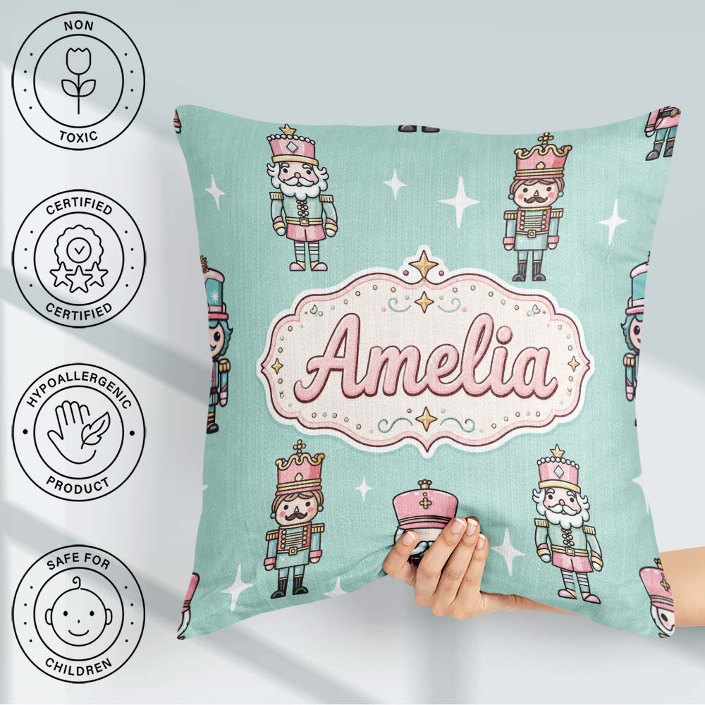 Custom Name Nutcracker Soldiers Christmas Seamless Pattern Mint Square Filled Cushion Throw Pillow Sofa Bed Home Decor Zip Washable UK Made