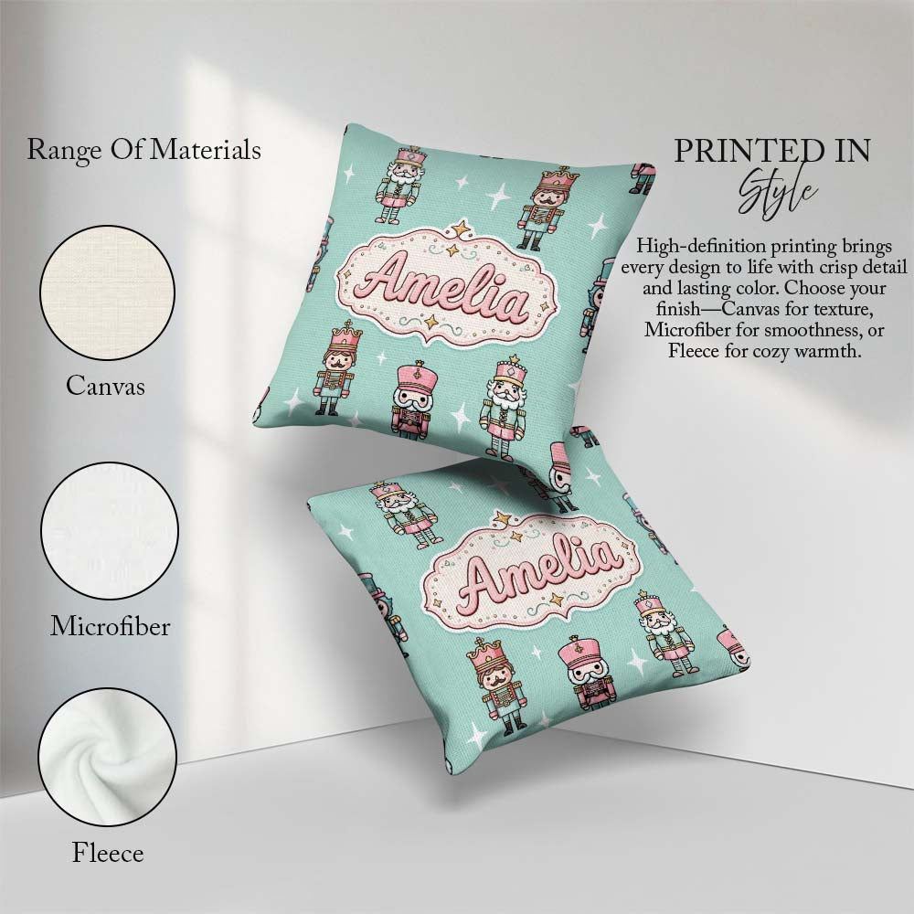 Custom Name Nutcracker Soldiers Christmas Seamless Pattern Mint Square Filled Cushion Throw Pillow Sofa Bed Home Decor Zip Washable UK Made