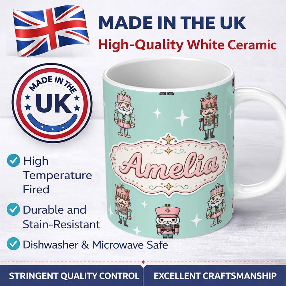 Personalized Custom Name Nutcracker Soldiers Pastel Christmas Seamless Pattern Mint 11oz Ceramic Coffee Tea Mug White Large Handle
