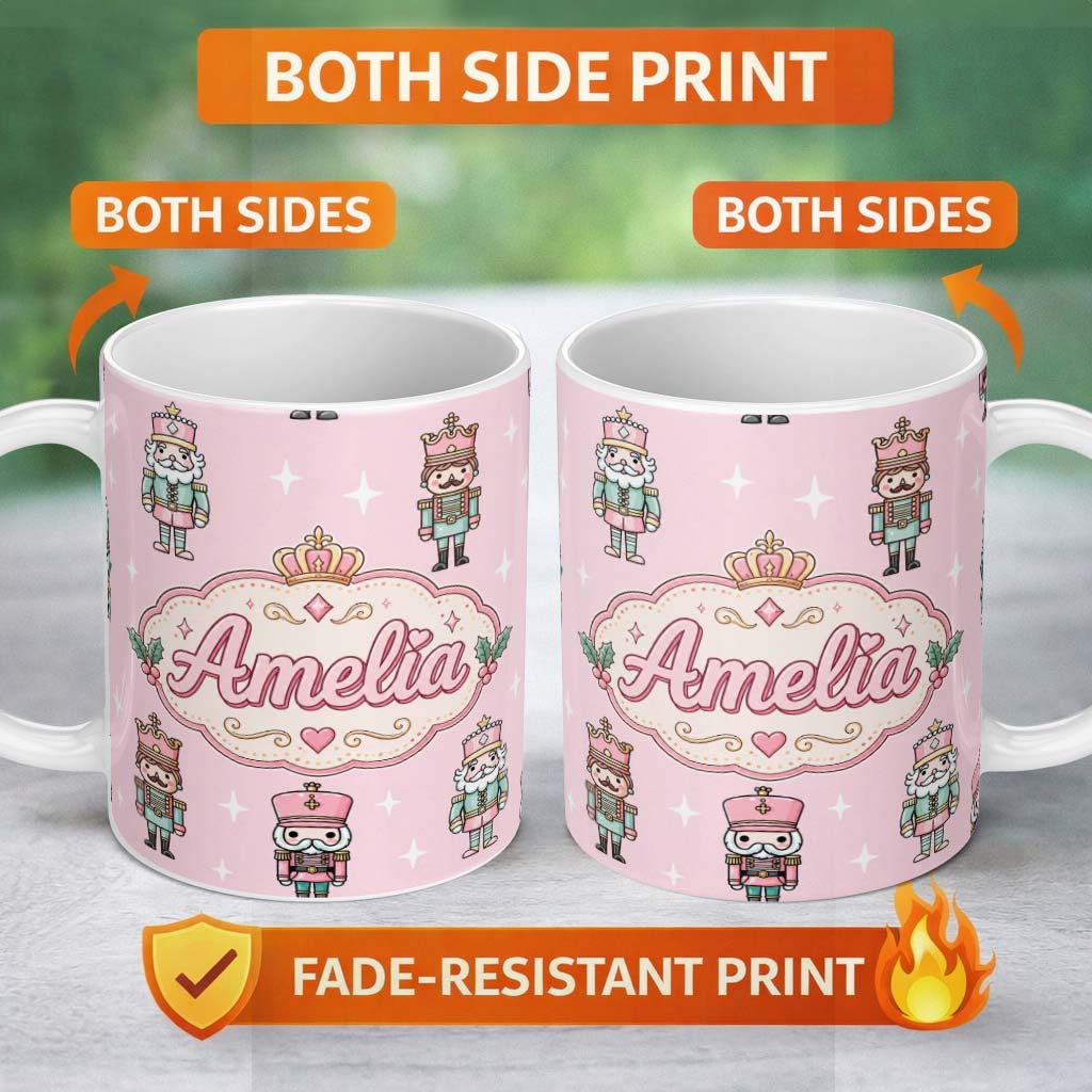 Personalized Custom Name Nutcracker Soldiers Pastel Christmas Seamless Pattern Pink 11oz Ceramic Coffee Tea Mug White Large Handle