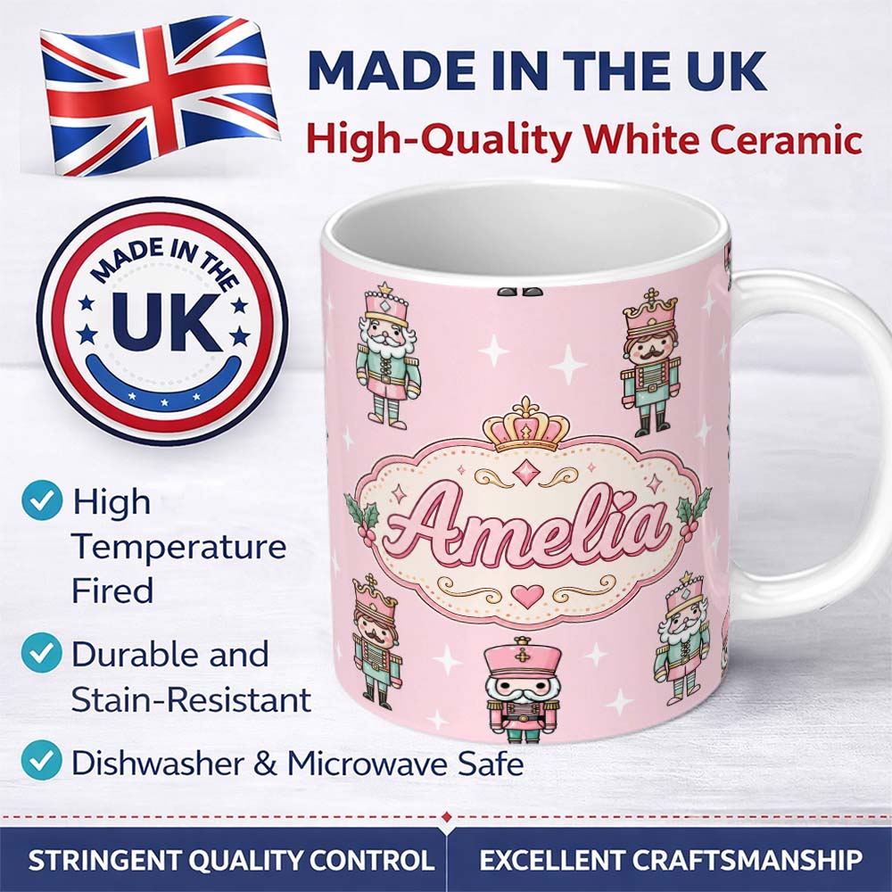 Personalized Custom Name Nutcracker Soldiers Pastel Christmas Seamless Pattern Pink 11oz Ceramic Coffee Tea Mug White Large Handle