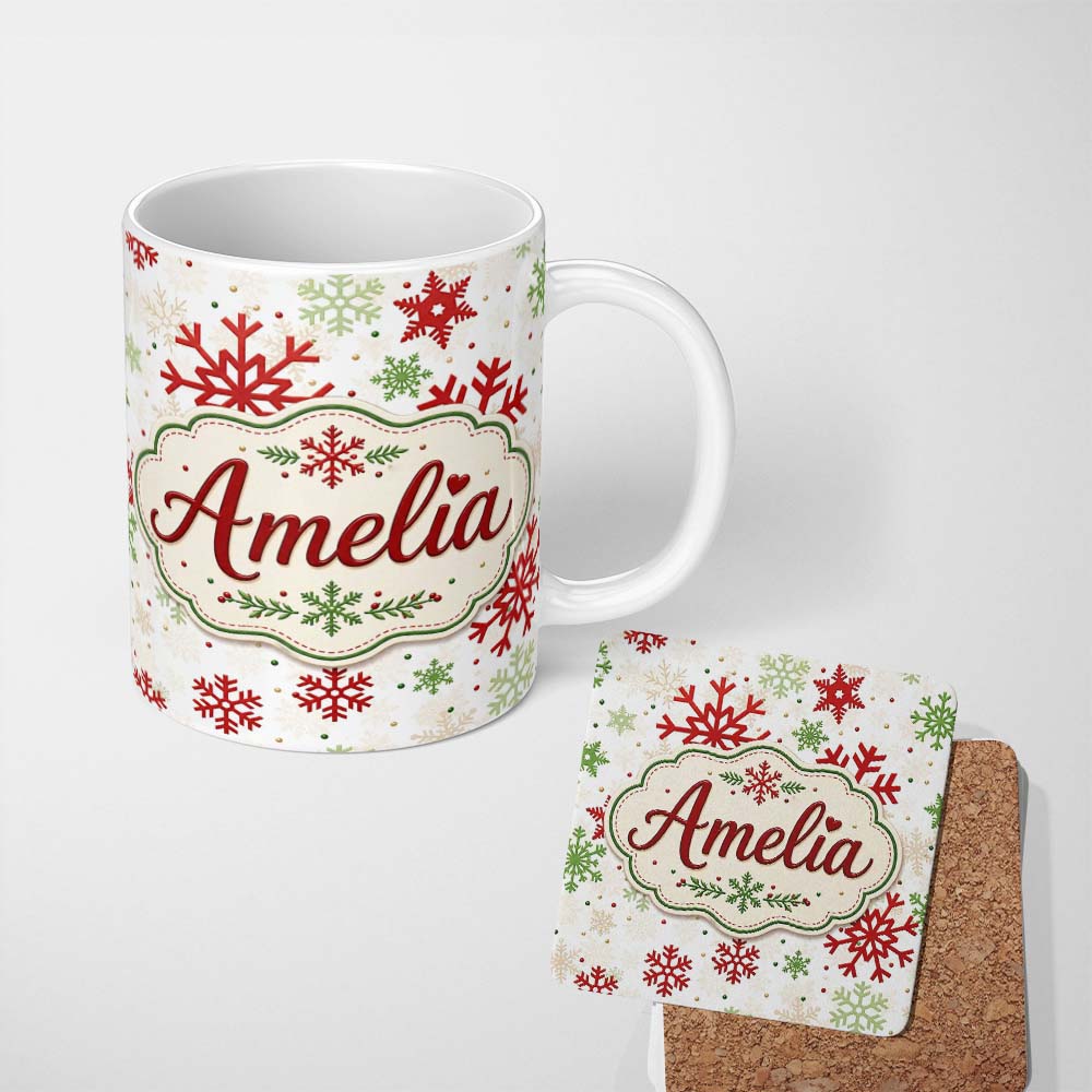 Personalized Custom Name Red Green Snowflake Winter Holiday Seamless Pattern Cute Unique Gift 11oz Ceramic Coffee Tea Mug White Large Handle