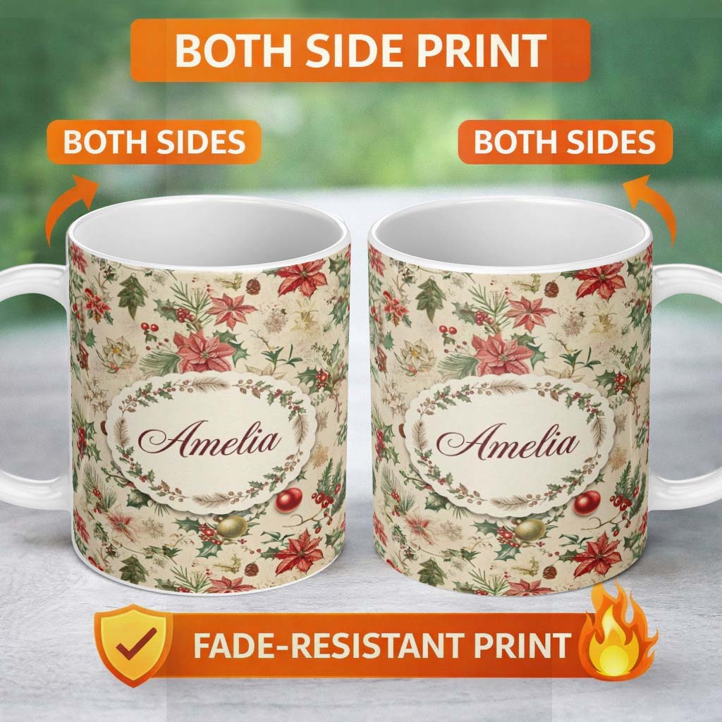 Personalized Custom Name Vintage Christmas Ornaments with Leaves and Berries Seamless Pattern 11oz Ceramic Coffee Tea Mug White Large Handle