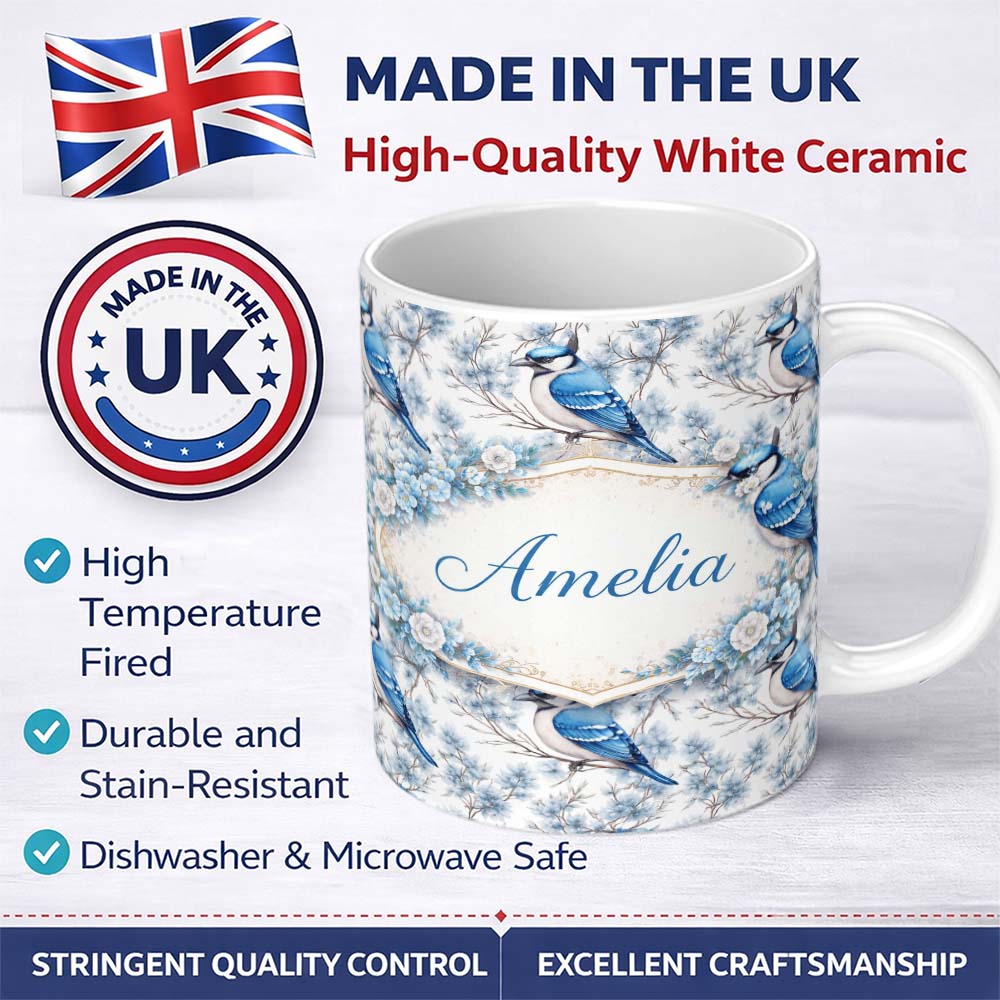 Personalized Custom Name Blue Jay Bird Floral Blossom Seamless Pattern Elegant Nature Lovely 11oz Ceramic Coffee Tea Mug White Large Handle
