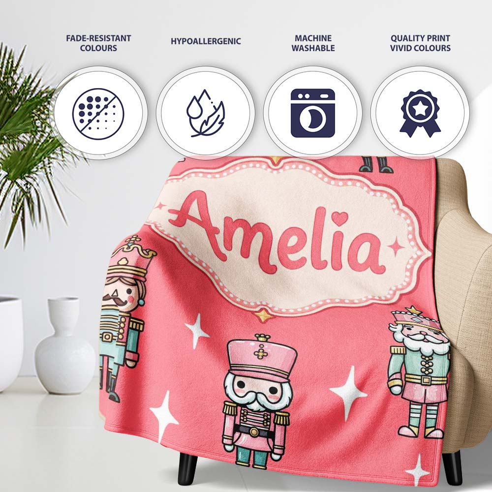 Pastel Nutcracker Soldiers Christmas Seamless Pattern Coral Personalised Custom Name Super Soft Fleece Blanket Bed Sofa Throw