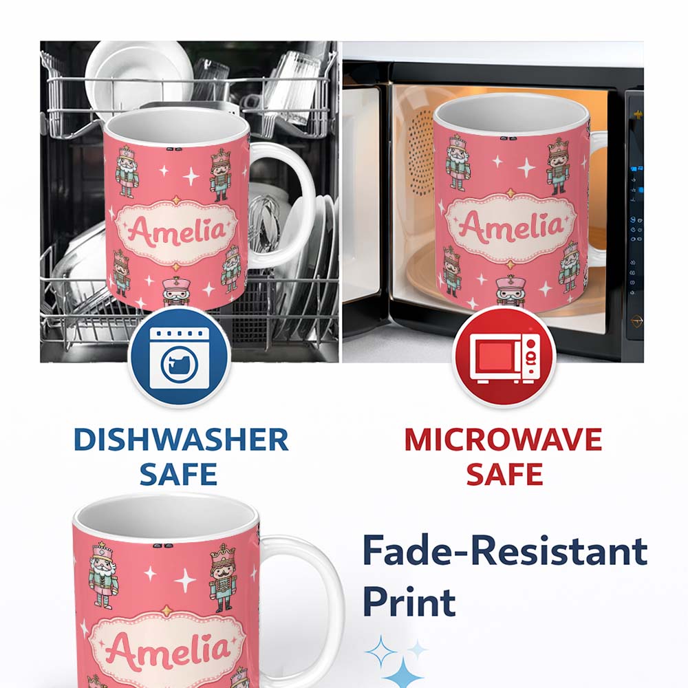 Personalized Custom Name Pastel Nutcracker Soldiers Christmas Seamless Pattern Coral 11oz Ceramic Coffee Tea Mug White Large Handle