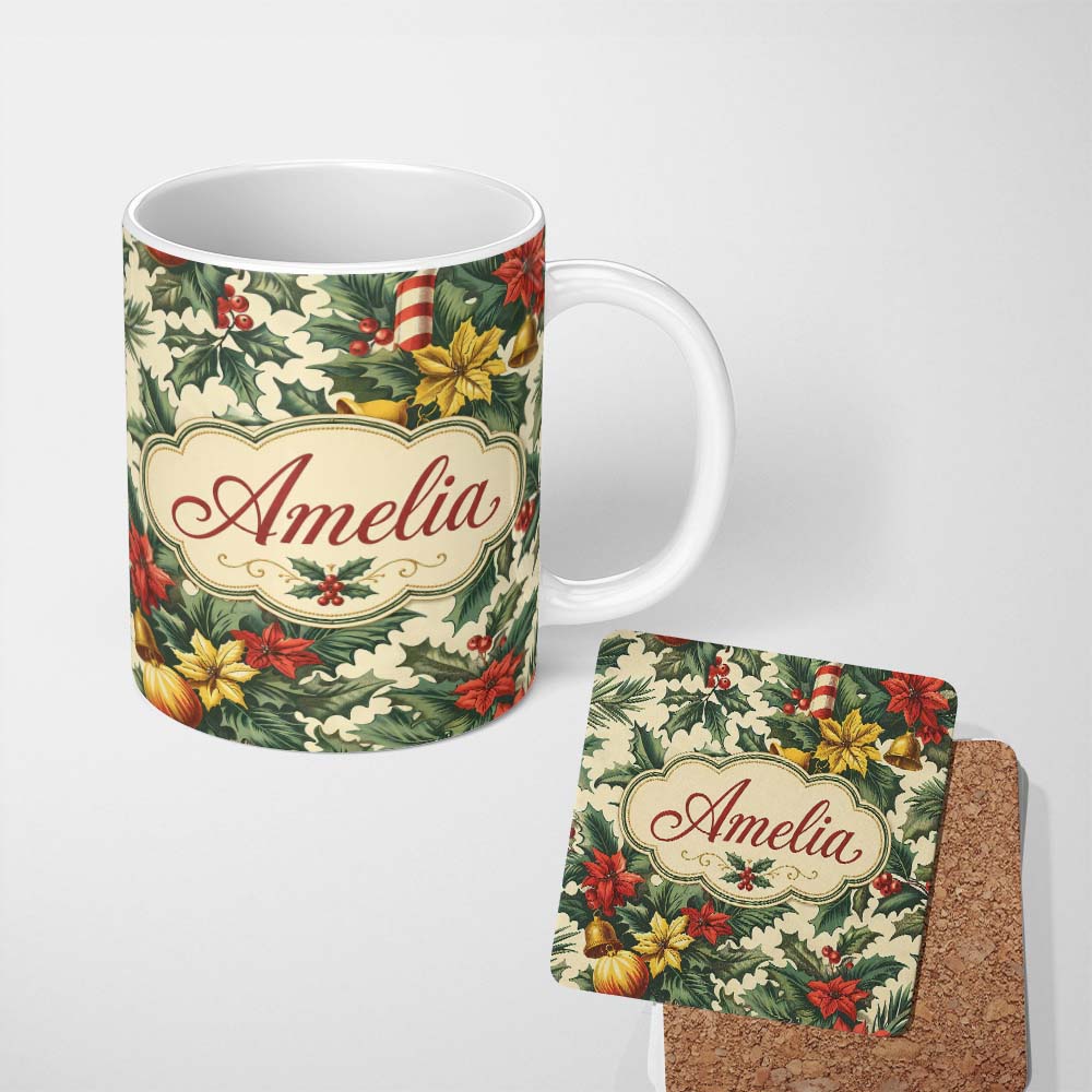 Personalized Custom Name Elegant Christmas Holly Leaves with Bells and Poinsettia Festive 11oz Ceramic Coffee Tea Mug White Large Handle