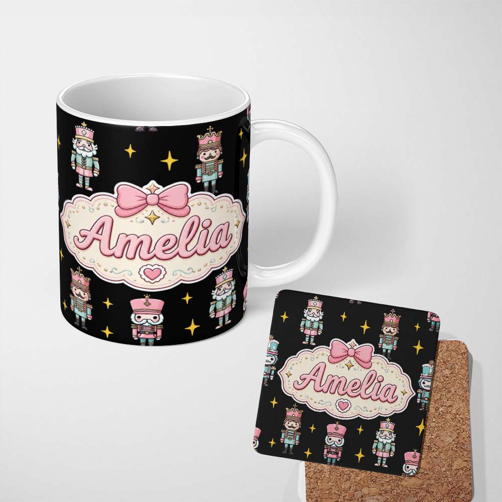 Personalized Custom Name Pastel Nutcracker Soldiers Christmas Seamless Pattern Black Star 11oz Ceramic Coffee Tea Mug White Large Handle