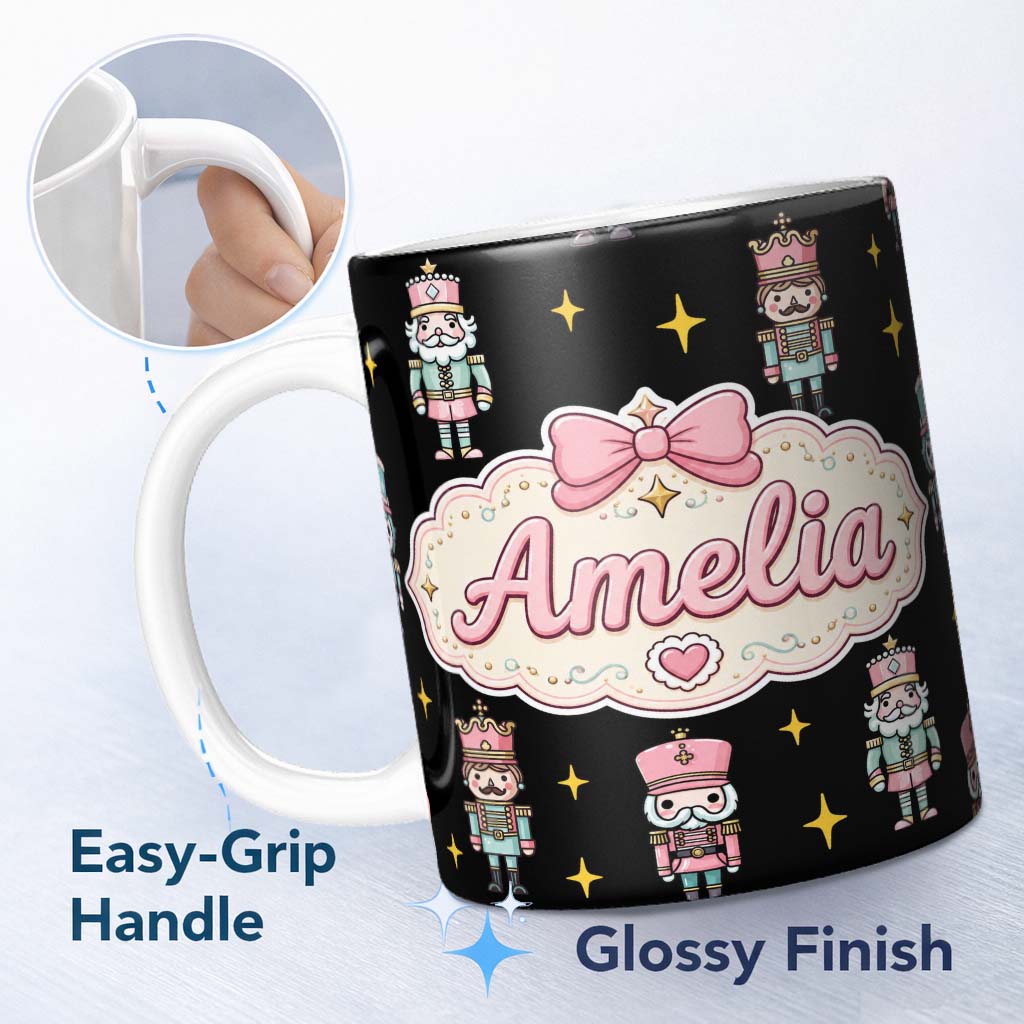 Personalized Custom Name Pastel Nutcracker Soldiers Christmas Seamless Pattern Black Star 11oz Ceramic Coffee Tea Mug White Large Handle
