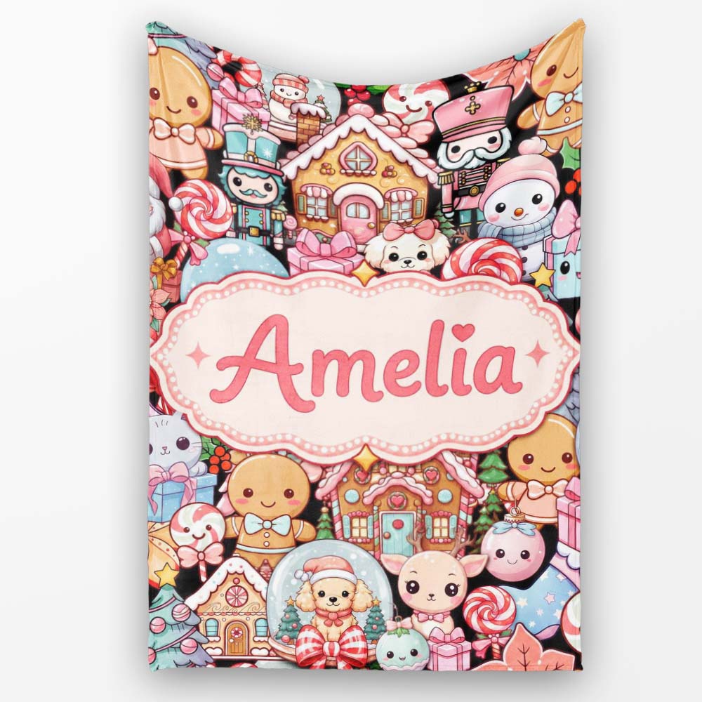 Cute Christmas Gingerbread Candy Santa Snowman Characters Seamless Personalised Custom Name Super Soft Fleece Blanket Bed Sofa Throw