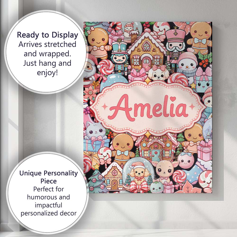 Personalised Name Cute Christmas Gingerbread Custom Bespoke Contemporary Display Canvas Wall Art Print Decor Picture Ready to Hang