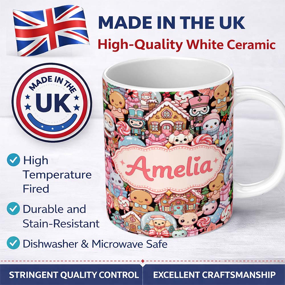 Personalized Custom Name Cute Christmas Gingerbread Candy Santa Snowman Characters Seamless 11oz Ceramic Coffee Tea Mug White Large Handle
