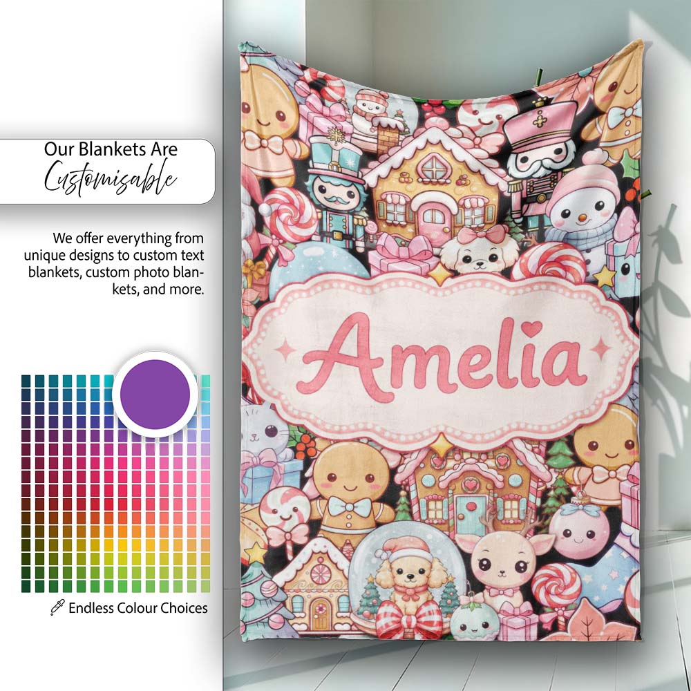 Cute Christmas Gingerbread Candy Santa Snowman Characters Seamless Personalised Custom Name Super Soft Fleece Blanket Bed Sofa Throw