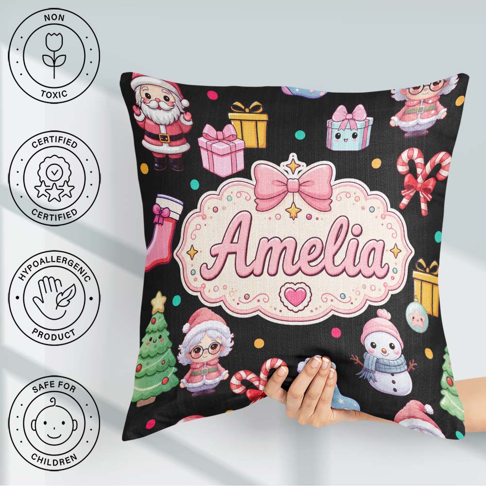 Custom Name Cute Santa Snowman Gifts Candy Cane Seamless Pattern Square Filled Cushion Throw Pillow Sofa Bed Home Decor Zip Washable UK Made