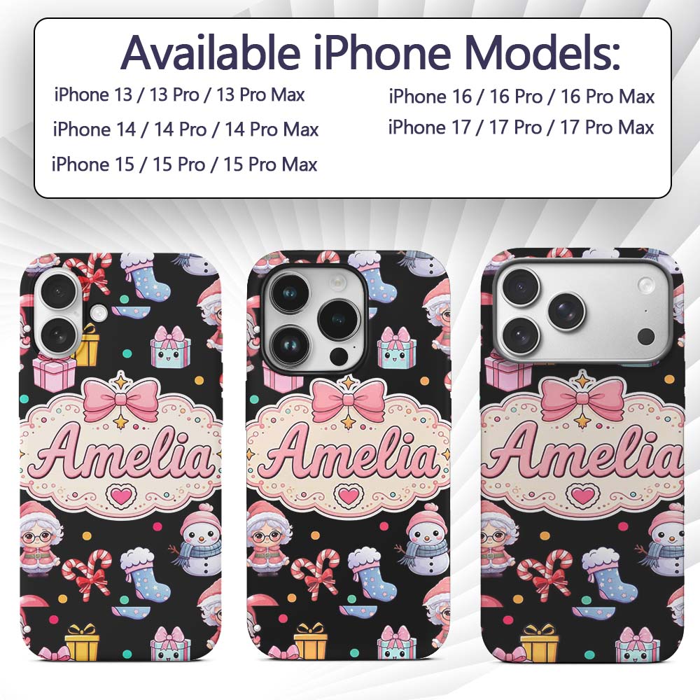 Cute Christmas Santa Snowman Gifts Candy Cane Custom Name Protective Phone Case Mobile Cover Durable Everyday Smartphone Shock Resistant