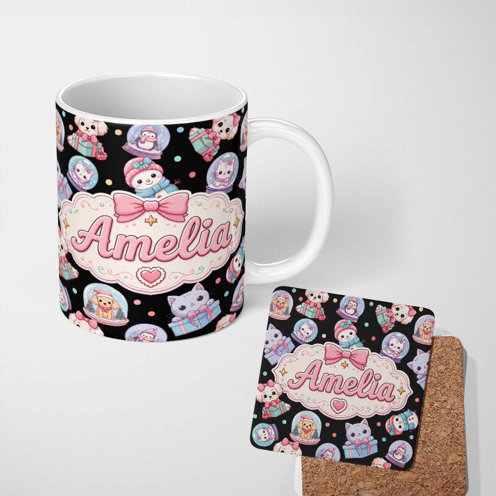 Personalized Custom Name Christmas Santa Snowman Gift Candy Cane Seamless Pattern Soft White 11oz Ceramic Coffee Tea Mug White Large Handle