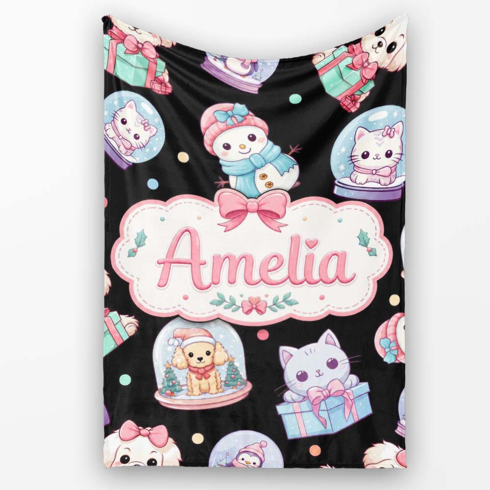 Cute Christmas Pets Snow Globe Snowman Gift Boxes Seamless Pattern Personalised Custom Name Super Soft Fleece Blanket Bed Sofa Throw