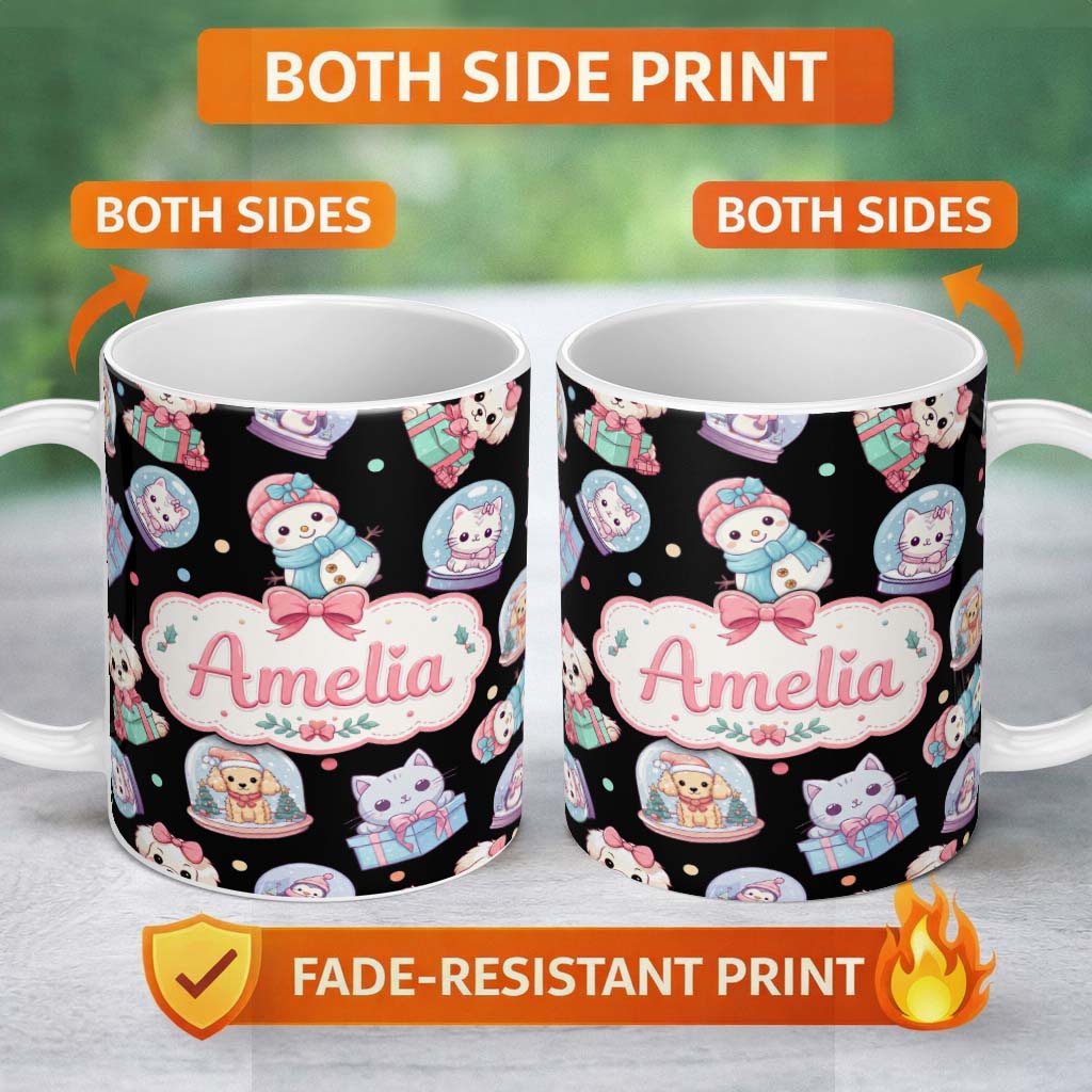 Personalized Custom Name Cute Christmas Pets Snow Globe Snowman Gift Boxes Seamless Pattern 11oz Ceramic Coffee Tea Mug White Large Handle