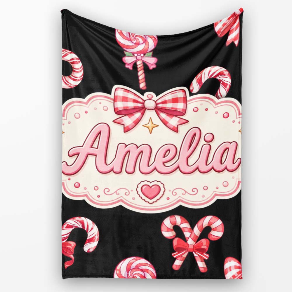 Cute Christmas Candy Cane and Ribbon Bow Sweet Treat Seamless Personalised Custom Name Super Soft Fleece Blanket Bed Sofa Throw