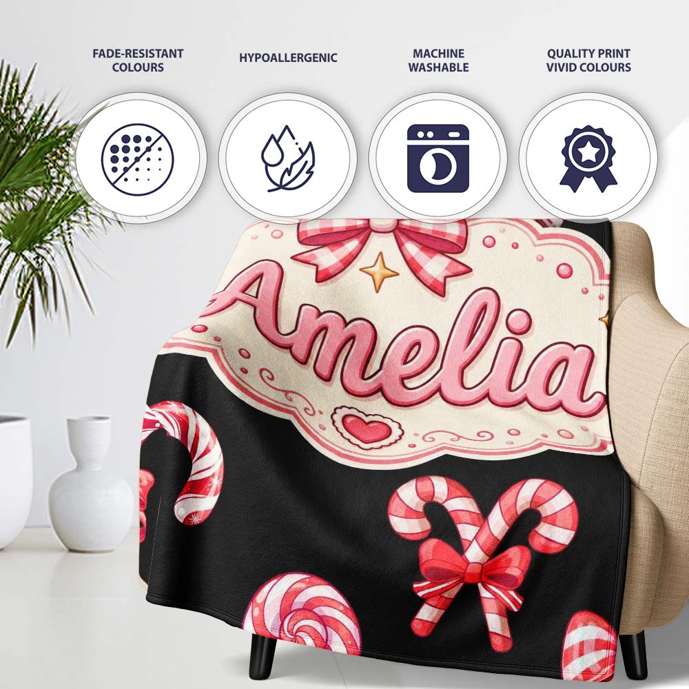 Cute Christmas Candy Cane and Ribbon Bow Sweet Treat Seamless Personalised Custom Name Super Soft Fleece Blanket Bed Sofa Throw