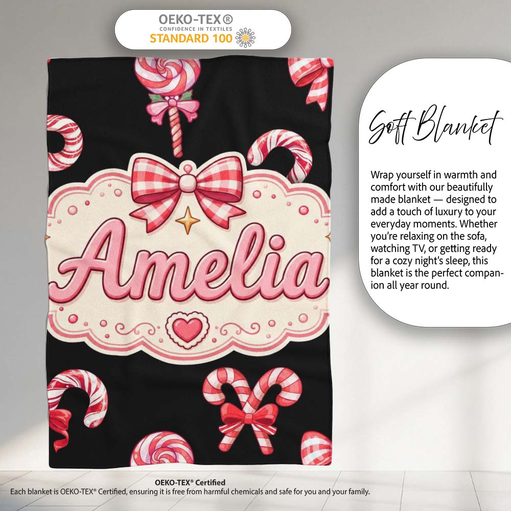 Cute Christmas Candy Cane and Ribbon Bow Sweet Treat Seamless Personalised Custom Name Super Soft Fleece Blanket Bed Sofa Throw