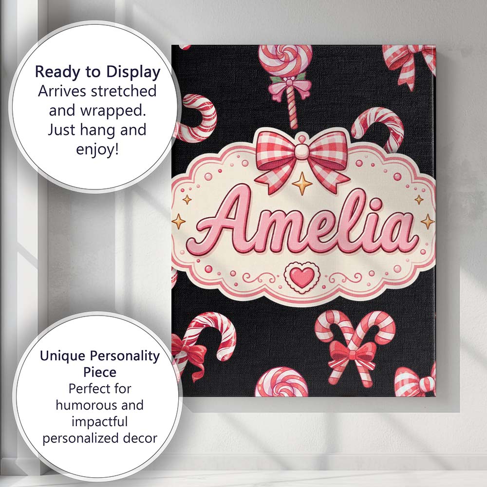 Personalised Name Cute Christmas Candy Cane Custom Bespoke Interior Contemporary Canvas Wall Art Print Decor Picture Ready to Hang