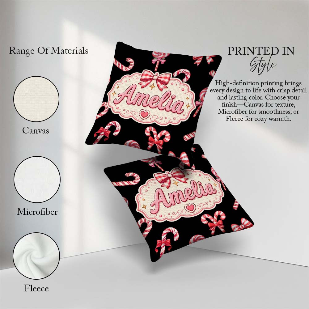 Custom Name Cute Christmas Candy Cane and Ribbon Bow Sweet Treat Square Filled Cushion Throw Pillow Sofa Bed Home Decor Zip Washable UK Made