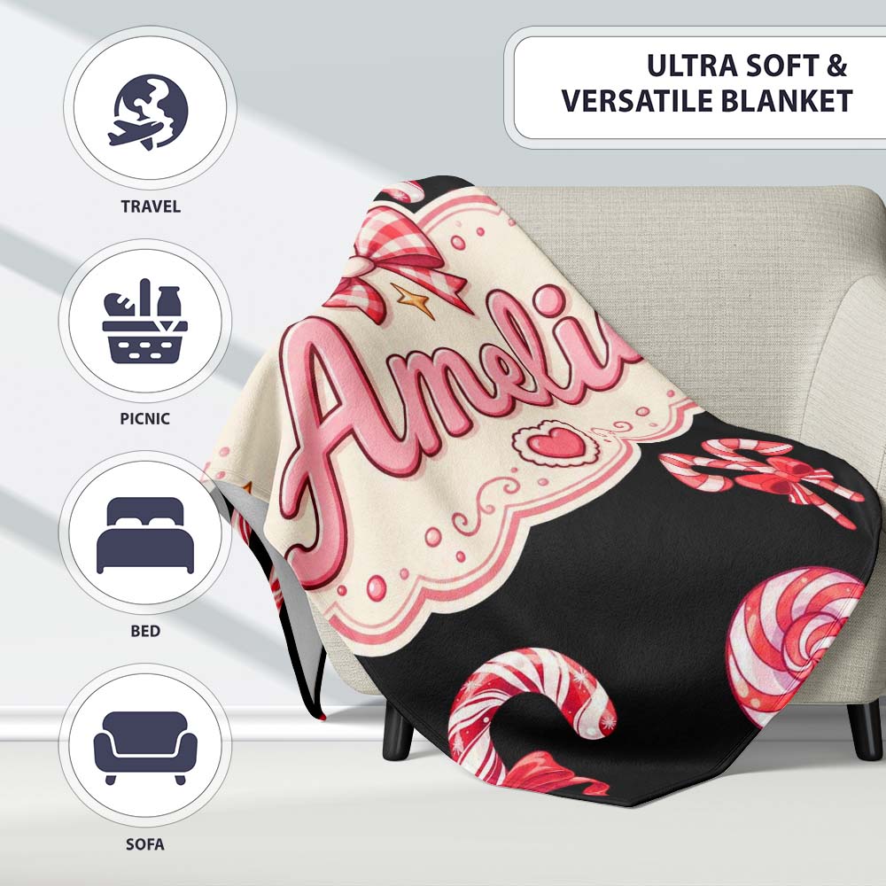 Cute Christmas Candy Cane and Ribbon Bow Sweet Treat Seamless Personalised Custom Name Super Soft Fleece Blanket Bed Sofa Throw