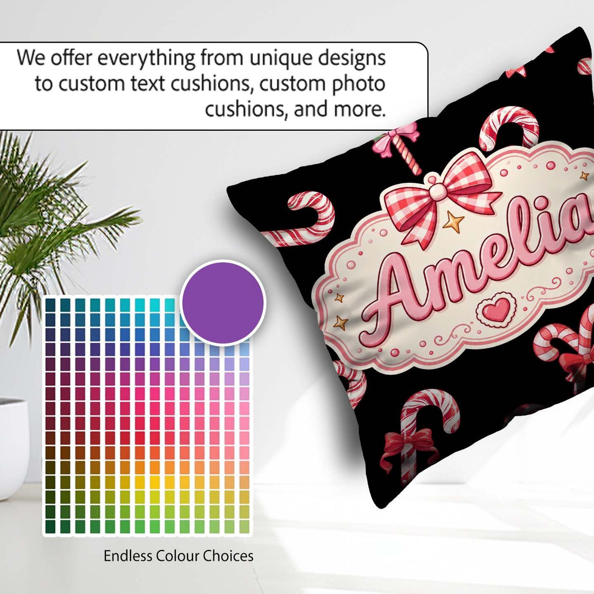 Custom Name Cute Christmas Candy Cane and Ribbon Bow Sweet Treat Square Filled Cushion Throw Pillow Sofa Bed Home Decor Zip Washable UK Made