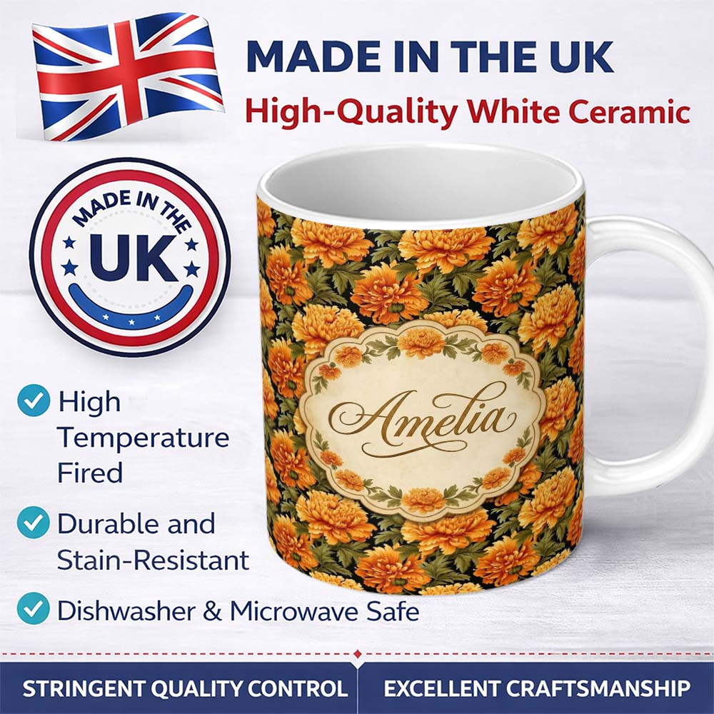 Personalized Custom Name Chrysanthemum Floral on Dark Background with High Contrast Petals 11oz Ceramic Coffee Tea Mug White Large Handle