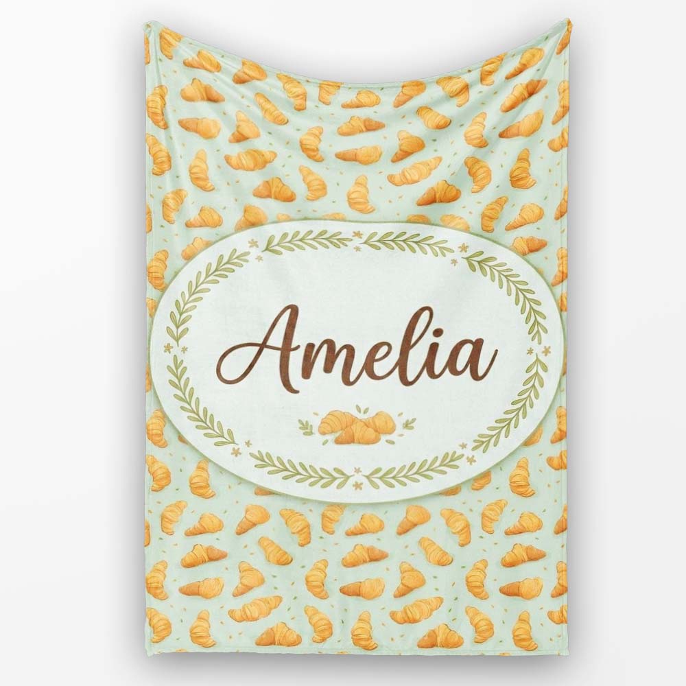 Seamless Croissant Pastry Mint Green Background Bakery Food Lovely Personalised Custom Name Super Soft Fleece Blanket Bed Sofa Throw