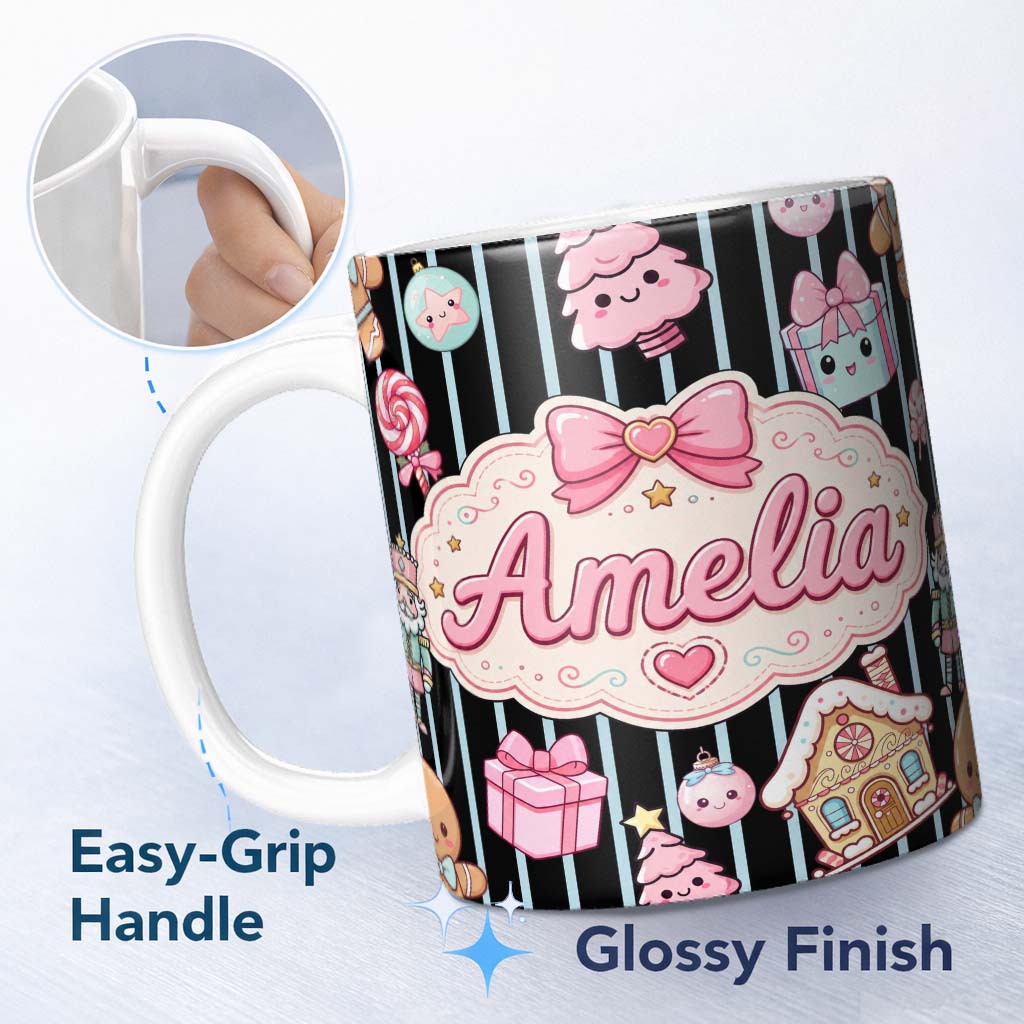 Personalized Custom Name Cute Gingerbread Girl Candy House Blue Stripe Background Seamless 11oz Ceramic Coffee Tea Mug White Large Handle