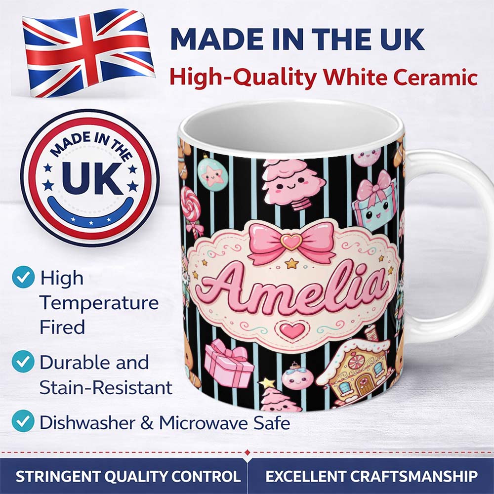 Personalized Custom Name Cute Gingerbread Girl Candy House Blue Stripe Background Seamless 11oz Ceramic Coffee Tea Mug White Large Handle