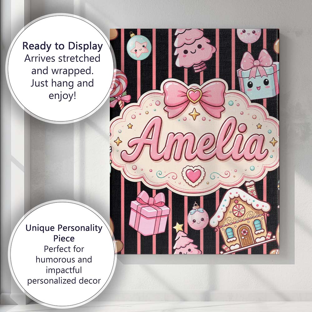 Personalised Name Cute Gingerbread Girl Custom Modern Room Accent Elegant Feature Canvas Wall Art Print Decor Picture Ready to Hang