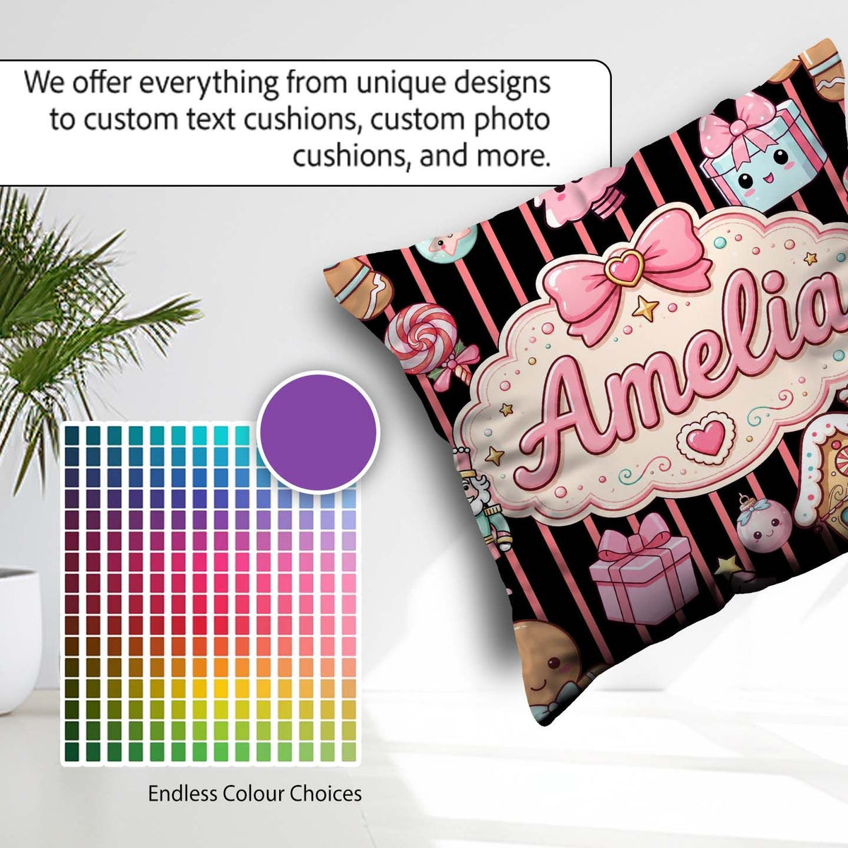 Custom Name Gingerbread Girl Candy House Pink Stripe Background Square Filled Cushion Throw Pillow Sofa Bed Home Decor Zip Washable UK Made