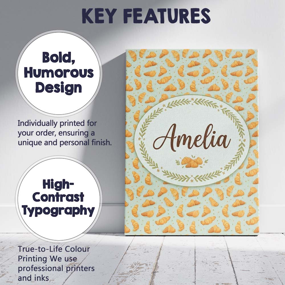 Personalised Name Seamless Croissant Pastry Mint Green Background Custom Bespoke Canvas Wall Art Print Decor Picture Ready to Hang
