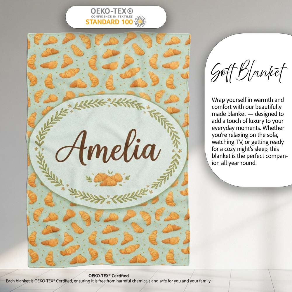 Seamless Croissant Pastry Mint Green Background Bakery Food Lovely Personalised Custom Name Super Soft Fleece Blanket Bed Sofa Throw