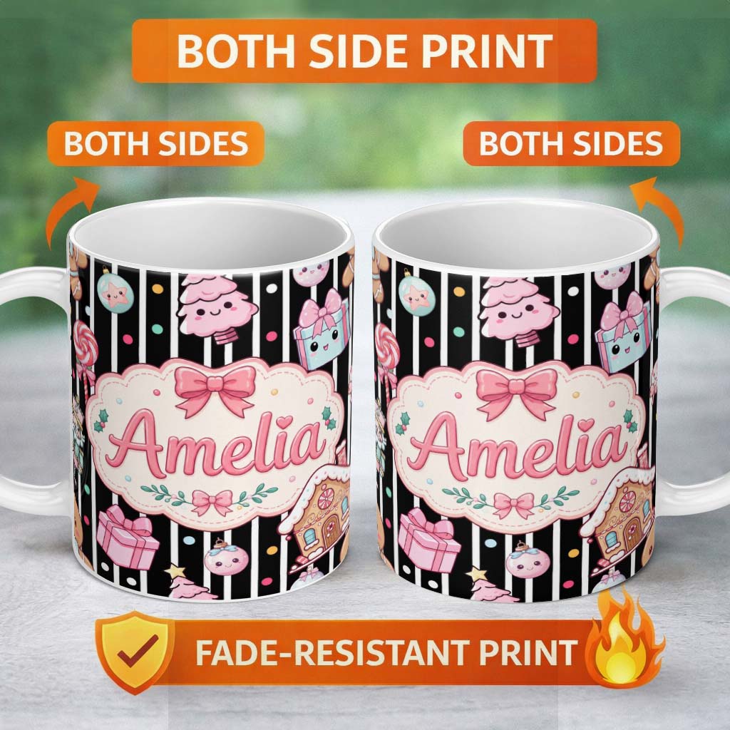 Personalized Custom Name Cute Gingerbread Girl Candy House Soft Pastel Seamless Pattern 11oz Ceramic Coffee Tea Mug White Large Handle