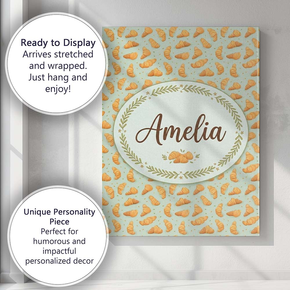 Personalised Name Seamless Croissant Pastry Mint Green Background Custom Bespoke Canvas Wall Art Print Decor Picture Ready to Hang