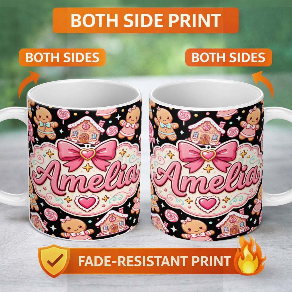 Personalized Custom Name Cute Gingerbread Couple Candy Swirl Sweets Christmas Seamless 11oz Ceramic Coffee Tea Mug White Large Handle