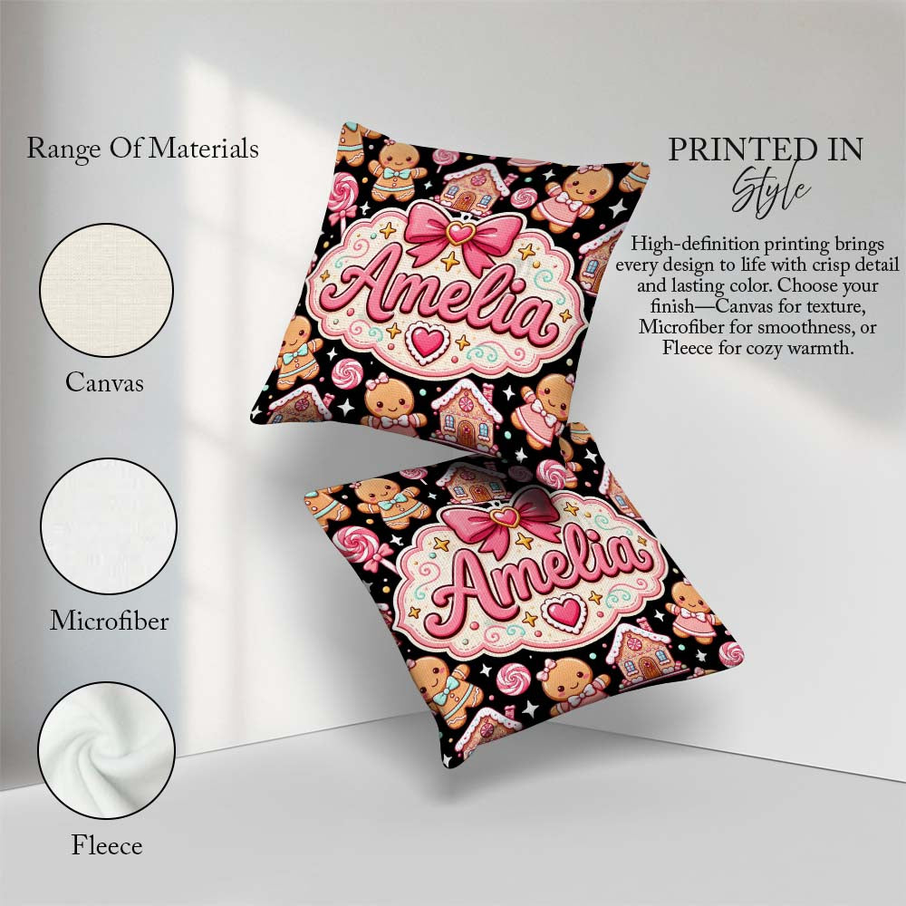 Custom Name Cute Gingerbread Couple Candy Swirl Sweets Christmas Square Filled Cushion Throw Pillow Sofa Bed Home Decor Zip Washable UK Made