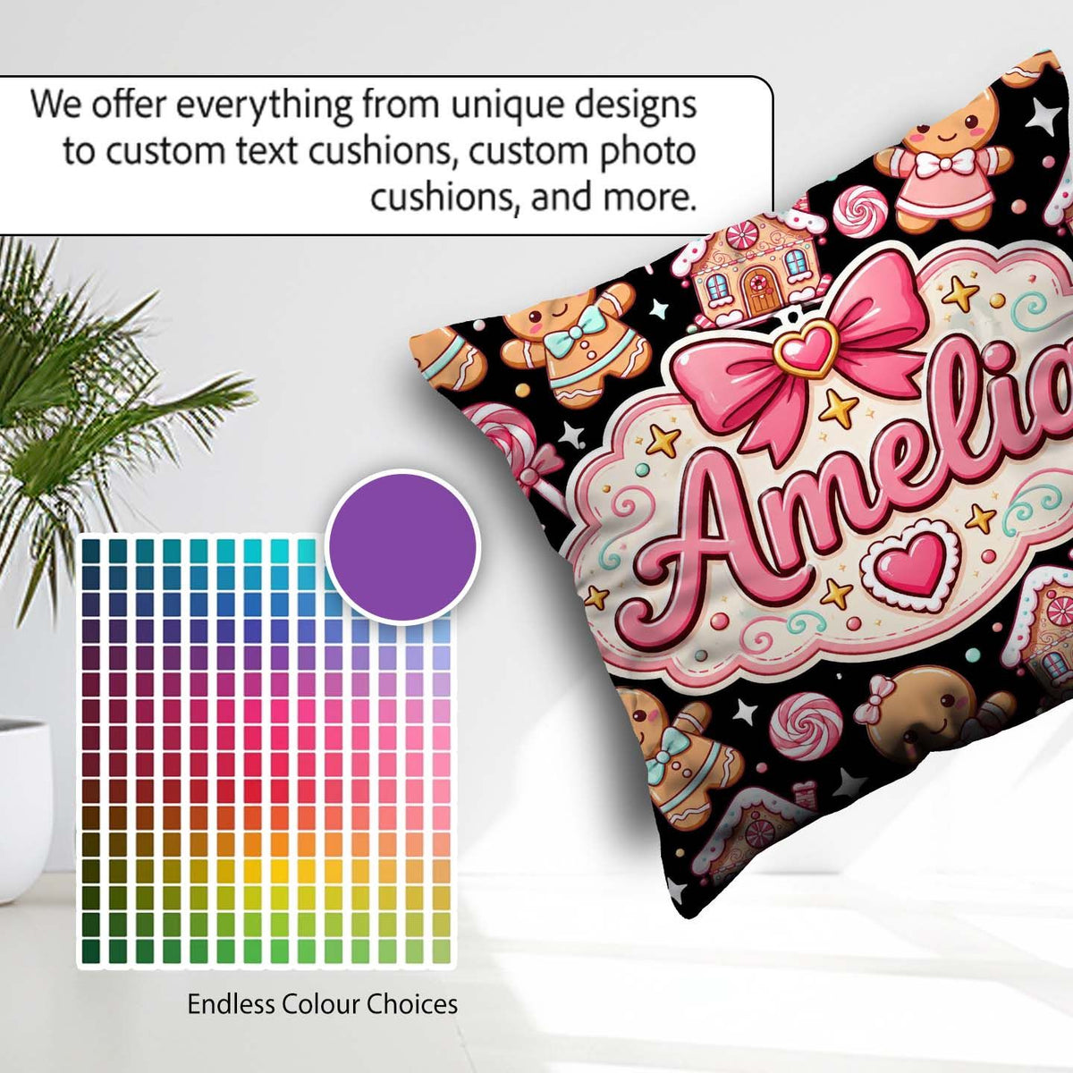 Custom Name Cute Gingerbread Couple Candy Swirl Sweets Christmas Square Filled Cushion Throw Pillow Sofa Bed Home Decor Zip Washable UK Made