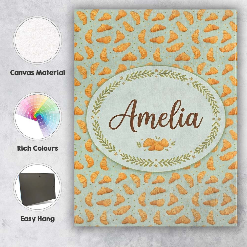 Personalised Name Seamless Croissant Pastry Mint Green Background Custom Bespoke Canvas Wall Art Print Decor Picture Ready to Hang