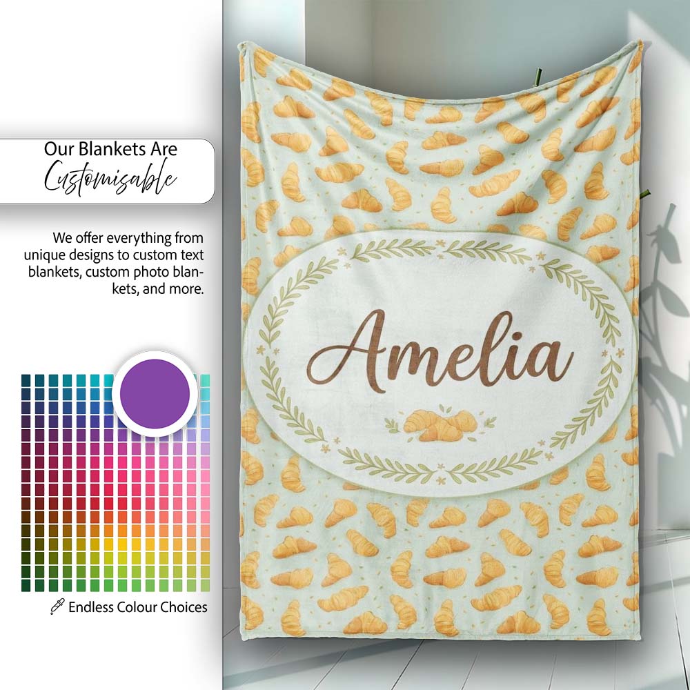 Seamless Croissant Pastry Mint Green Background Bakery Food Lovely Personalised Custom Name Super Soft Fleece Blanket Bed Sofa Throw