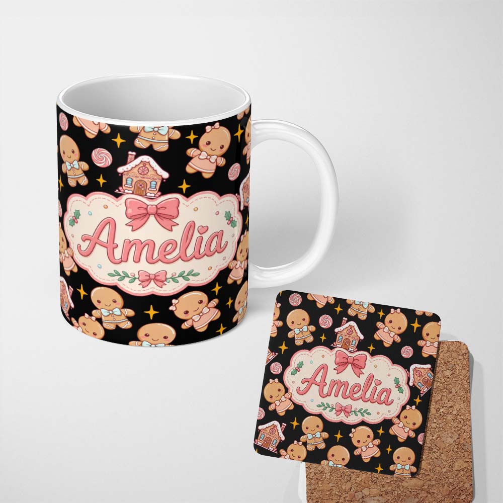 Personalized Custom Name Cute Gingerbread Couple Candy Star Sparkle Christmas Seamless 11oz Ceramic Coffee Tea Mug White Large Handle