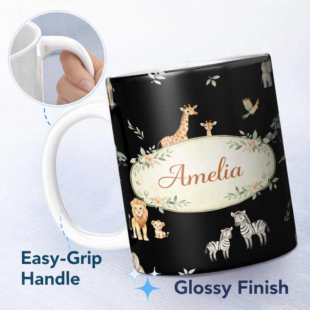 Personalized Custom Name Cute Safari Animals Lion Giraffe Zebra Elephant Pattern Brown Lovely 11oz Ceramic Coffee Tea Mug White Large Handle