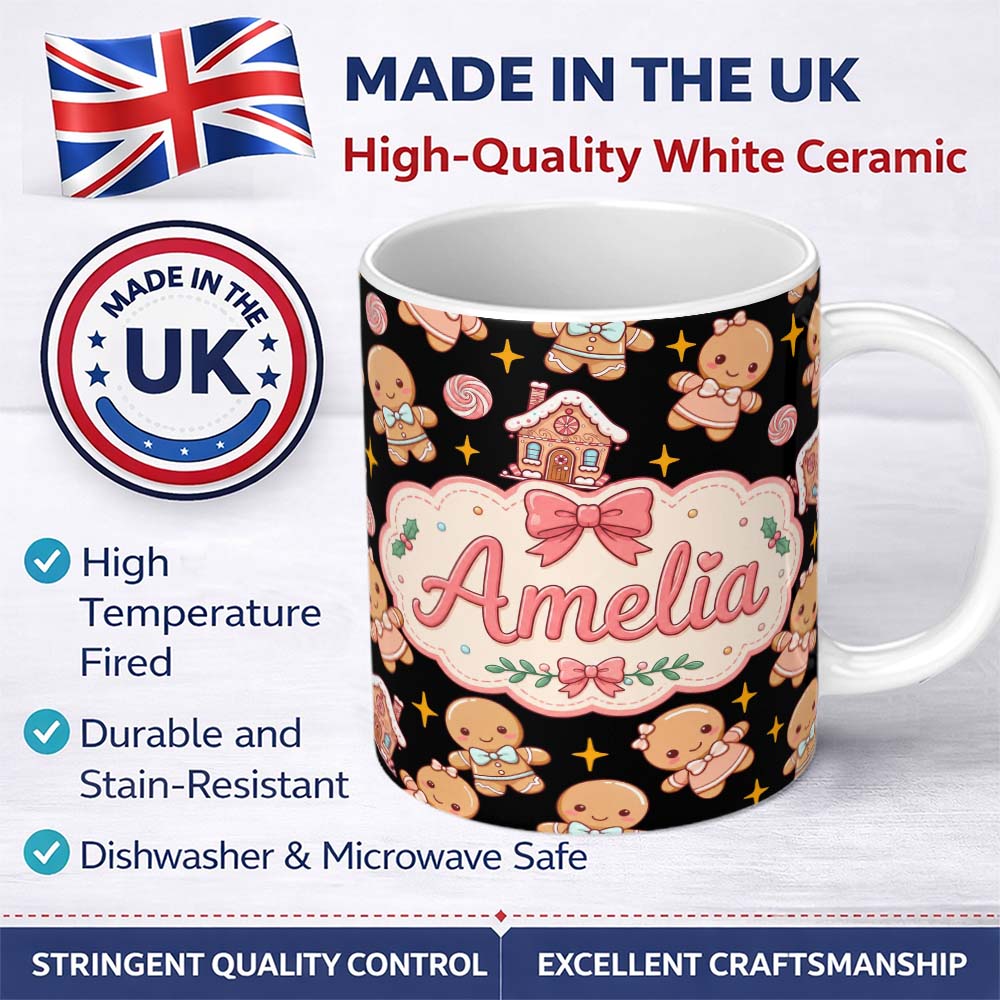 Personalized Custom Name Cute Gingerbread Couple Candy Star Sparkle Christmas Seamless 11oz Ceramic Coffee Tea Mug White Large Handle