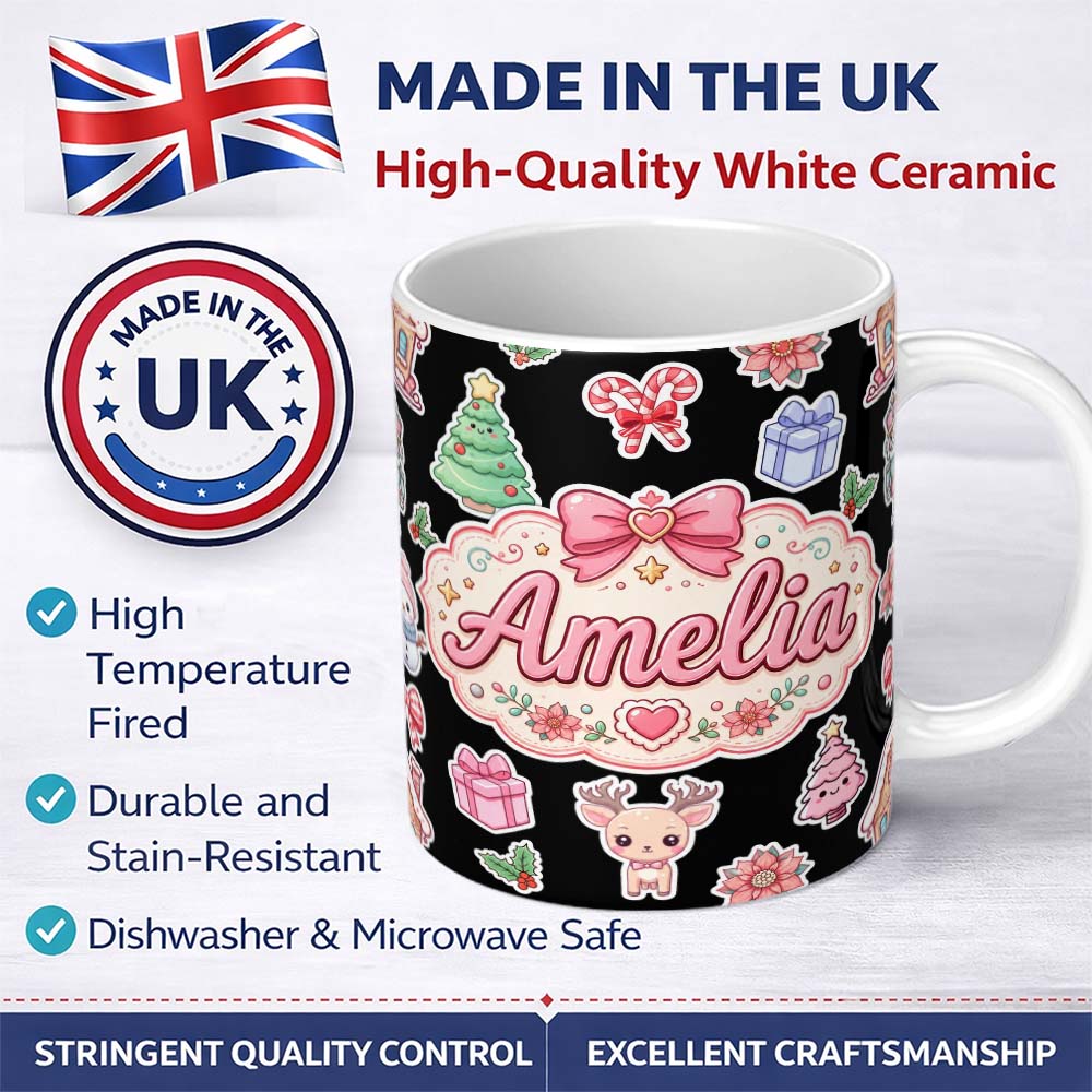 Personalized Custom Name Cute Christmas Snowman Tree Gift Gingerbread House Seamless Pattern 11oz Ceramic Coffee Tea Mug White Large Handle